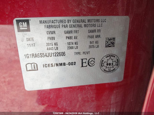 1G1RA6S54JU122606 Chevrolet VOLT LT