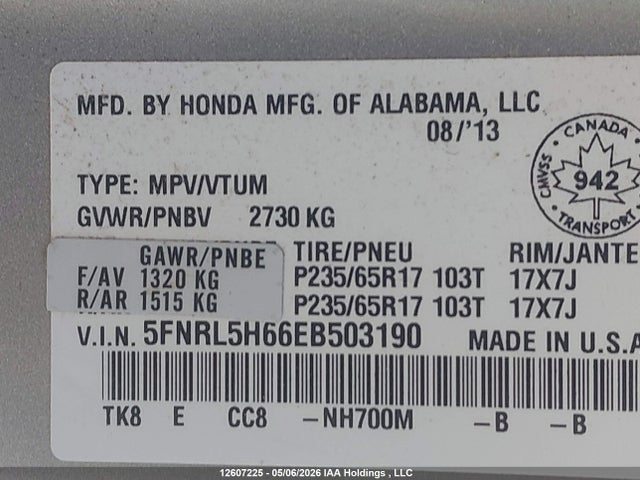 Продажа на аукционе авто 2014 Honda Odyssey Exl, vin: 5FNRL5H66EB503190, номер лота: 12607225