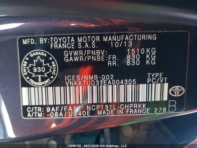 12596185 :رقم المزاد ، VNKKTUD31EA004305 vin ، 2014 Toyota Yaris Le مزاد بيع