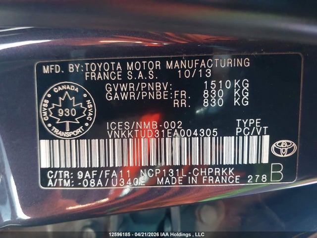 12596185 :رقم المزاد ، VNKKTUD31EA004305 vin ، 2014 Toyota Yaris Le مزاد بيع