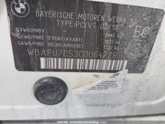 Продаж на аукціоні авто 2012 Bmw 535i Xdrive, vin: WBAFU7C53CDU64778, номер лоту: 12597089