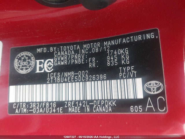 12607227 :رقم المزاد ، 2T1BU4EE5DC926396 vin ، 2013 Toyota Corolla مزاد بيع