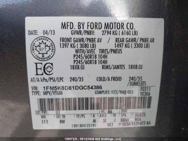 Продажа на аукционе авто 2013 Ford Explorer Xlt, vin: 1FM5K8D81DGC54386, номер лота: 12607228