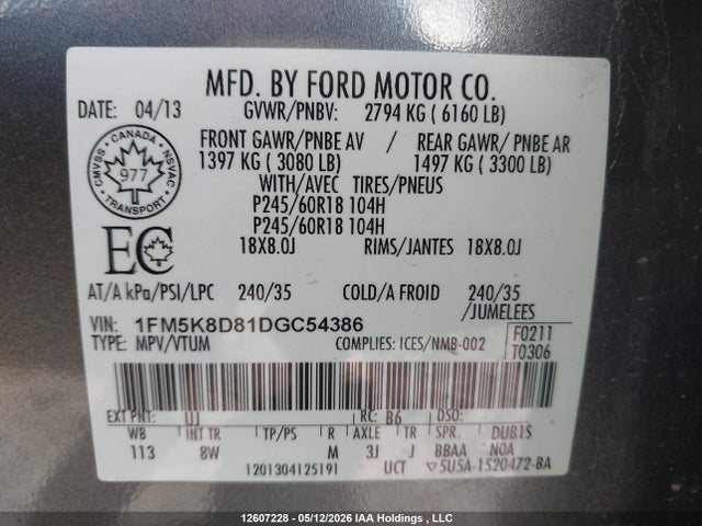 Продажа на аукционе авто 2013 Ford Explorer Xlt, vin: 1FM5K8D81DGC54386, номер лота: 12607228