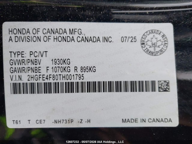 2HGFE4F80TH001795 Honda Civic Sport/sport Touring
