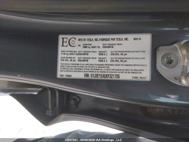 12607241 :رقم المزاد ، 5YJ3E1EA5KF321705 vin ، 2019 Tesla Model 3 Long Range/mid Range/standard Range/standard Range Plus مزاد بيع