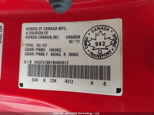2011 Honda Civic მანქანა იყიდება აუქციონზე, vin: 2HGFG1B61BH002613, აუქციონის ნომერი: 12607243