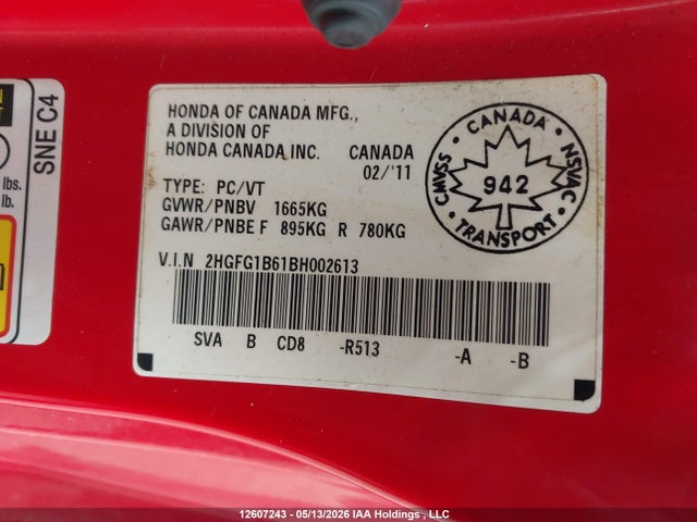2011 Honda Civic მანქანა იყიდება აუქციონზე, vin: 2HGFG1B61BH002613, აუქციონის ნომერი: 12607243