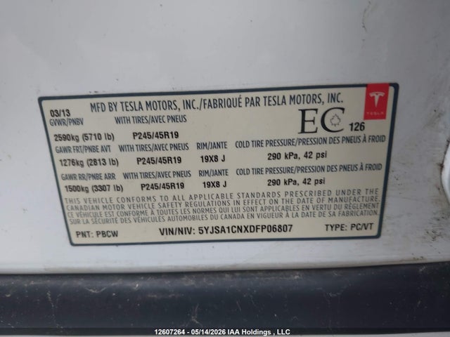 Продажа на аукционе авто 2013 Tesla Model S, vin: 5YJSA1CNXDFP06807, номер лота: 12607264