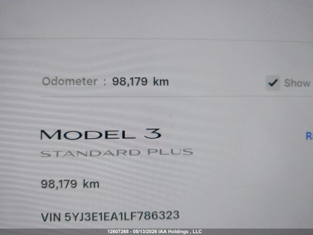 12607268 :رقم المزاد ، 5YJ3E1EA1LF786323 vin ، 2020 Tesla Model 3 Standard Range Plus مزاد بيع