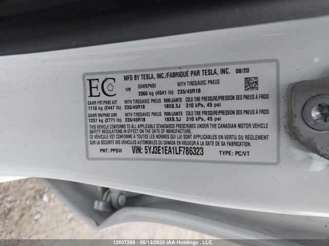 12607268 :رقم المزاد ، 5YJ3E1EA1LF786323 vin ، 2020 Tesla Model 3 Standard Range Plus مزاد بيع