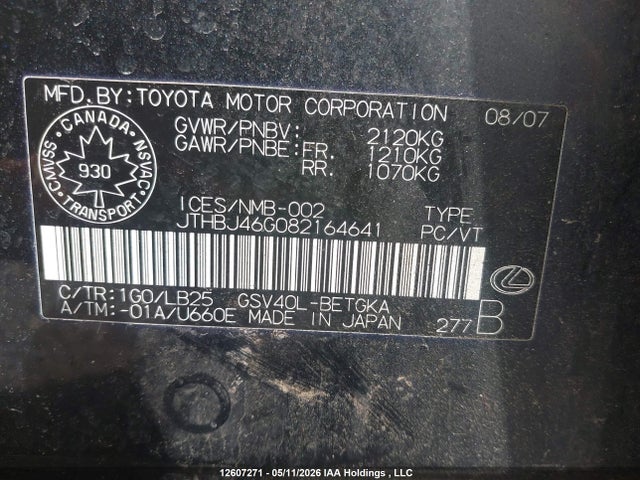 Продажа на аукционе авто 2008 Lexus Es 350 350, vin: JTHBJ46G082164641, номер лота: 12607271