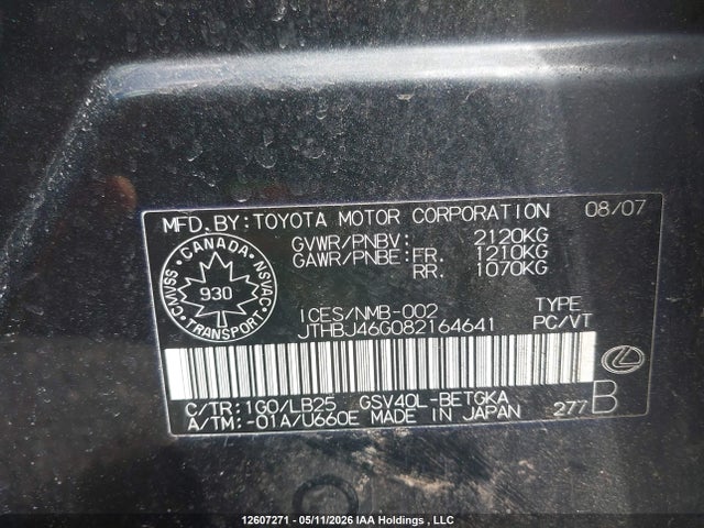 Продажа на аукционе авто 2008 Lexus Es 350 350, vin: JTHBJ46G082164641, номер лота: 12607271