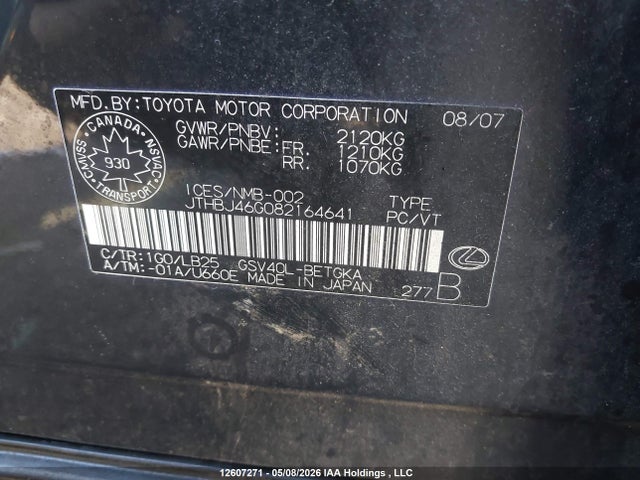 Продажа на аукционе авто 2008 Lexus Es 350 350, vin: JTHBJ46G082164641, номер лота: 12607271