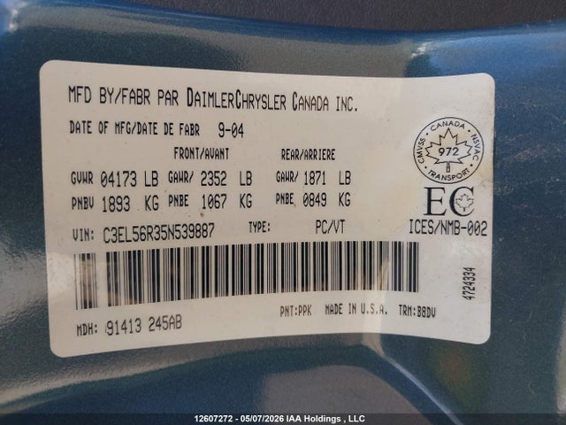 2005 Chrysler Sebring Touring მანქანა იყიდება აუქციონზე, vin: 1C3EL56R35N539887, აუქციონის ნომერი: 12607272