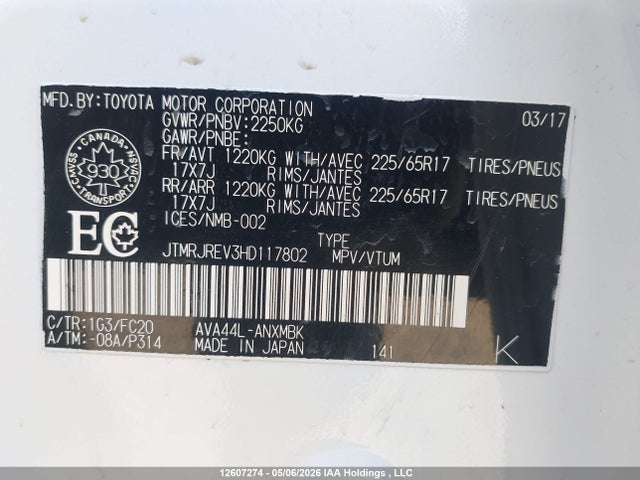 12607274 :رقم المزاد ، JTMRJREV3HD117802 vin ، 2017 Toyota Rav4 Hv Le/xle مزاد بيع