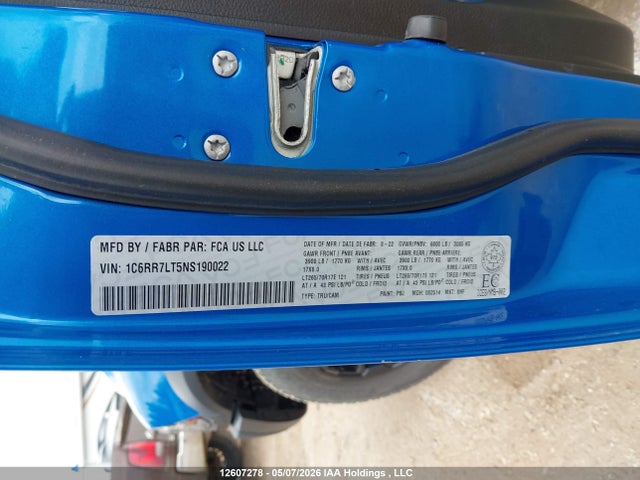 12607278 :رقم المزاد ، 1C6RR7LT5NS190022 vin ، 2022 Ram 1500 Classic Slt مزاد بيع