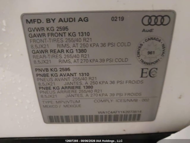 12607285 :رقم المزاد ، WA1C4AFY1K2073514 vin ، 2019 Audi Sq5 Prestige مزاد بيع