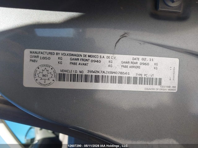 12607290 :رقم المزاد ، 3VW2K7AJXBM078561 vin ، 2011 Volkswagen Jetta S مزاد بيع
