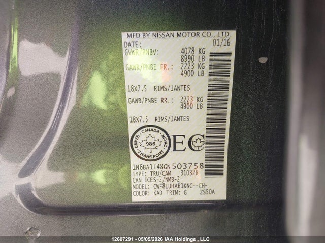 Продаж на аукціоні авто 2016 Nissan Titan Xd Platinum Reserve/pro-4x/s/sl/sv, vin: 1N6BA1F48GN503758, номер лоту: 12607291