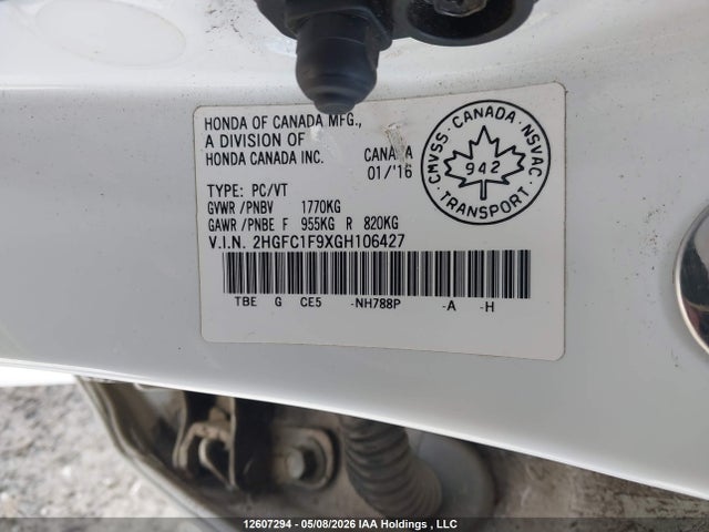 Aukcja sprzedaży 2016 Honda Civic Touring, vin: 2HGFC1F9XGH106427, numer aukcji: 12607294