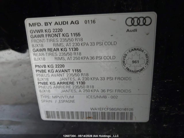 12607304 :رقم المزاد ، WA1EFCFS6GR016105 vin ، 2016 Audi Q3 4p Ti مزاد بيع