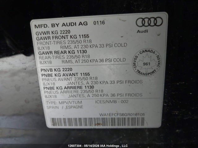 12607304 :رقم المزاد ، WA1EFCFS6GR016105 vin ، 2016 Audi Q3 4p Ti مزاد بيع