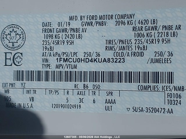 1FMCU0HD4KUA83223 Ford ESCAPE SEL