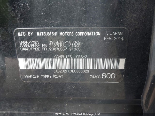 12607313 :رقم المزاد ، JA32U2FUXEU605029 vin ، 2014 Mitsubishi Lancer Se مزاد بيع