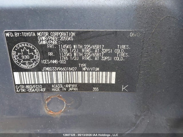 Продаж на аукціоні авто 2006 Toyota Rav4, vin: JTMBD33V966018427, номер лоту: 12607328