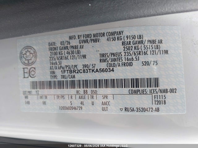 12607329 :رقم المزاد ، 1FTBR2C83TKA56034 vin ، 2026 Ford Transit T-250 مزاد بيع