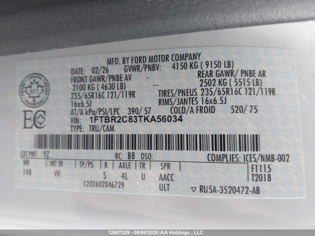 12607329 :رقم المزاد ، 1FTBR2C83TKA56034 vin ، 2026 Ford Transit T-250 مزاد بيع