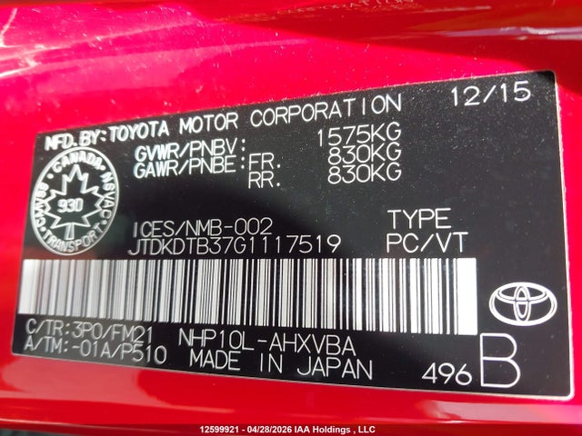 JTDKDTB37G1117519 Toyota Prius C Technology