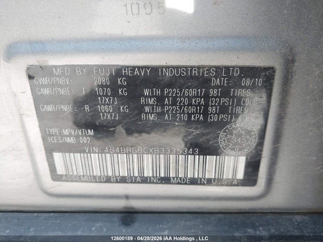 Aukcja sprzedaży 2011 Subaru Outback 2.5i Premium, vin: 4S4BRGBCXB3335343, numer aukcji: 12600189