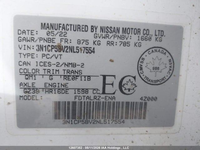 Aukcja sprzedaży 2022 Nissan Kicks, vin: 3N1CP5BV2NL517554, numer aukcji: 12607352