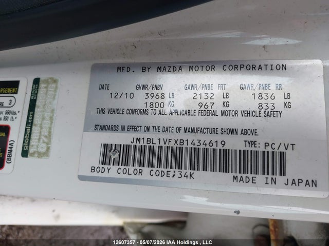 12607357 :رقم المزاد ، JM1BL1VFXB1434619 vin ، 2011 Mazda Mazda3 Gs مزاد بيع