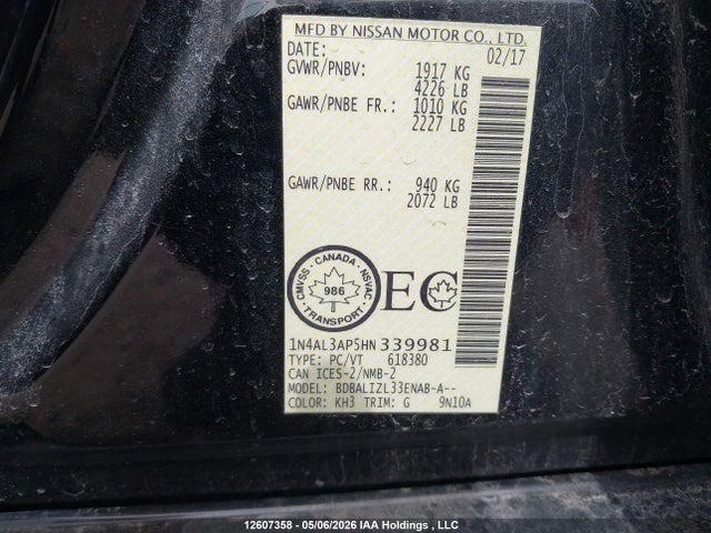 12607358 :رقم المزاد ، 1N4AL3AP5HN339981 vin ، 2017 Nissan Altima 2.5/s/sv/sl/sr مزاد بيع