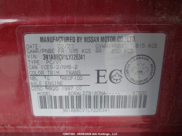 12607362 :رقم المزاد ، 3N1AB8CV1LY226341 vin ، 2020 Nissan Sentra Sv مزاد بيع