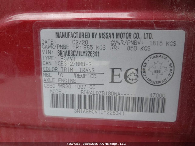 12607362 :رقم المزاد ، 3N1AB8CV1LY226341 vin ، 2020 Nissan Sentra Sv مزاد بيع