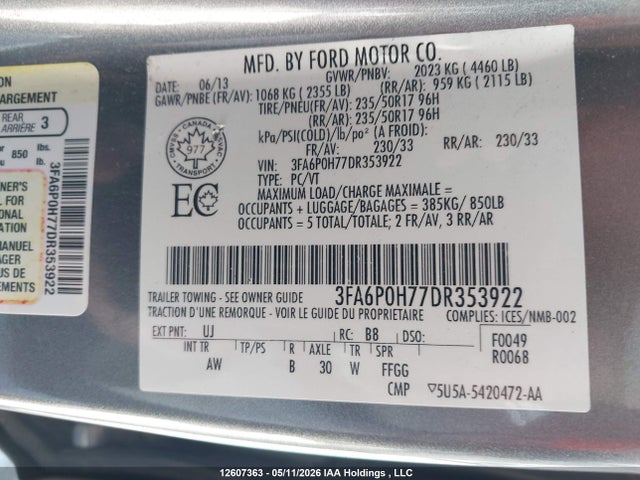 Продаж на аукціоні авто 2013 Ford Fusion Se, vin: 3FA6P0H77DR353922, номер лоту: 12607363