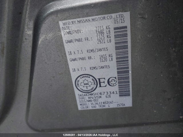 Aukcja sprzedaży 2015 Nissan Pathfinder Platinum/s/sl/sv, vin: 5N1AR2MM5FC673341, numer aukcji: 12589281
