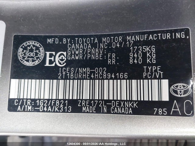 2T1BURHE4HC894166 Toyota COROLLA LE
