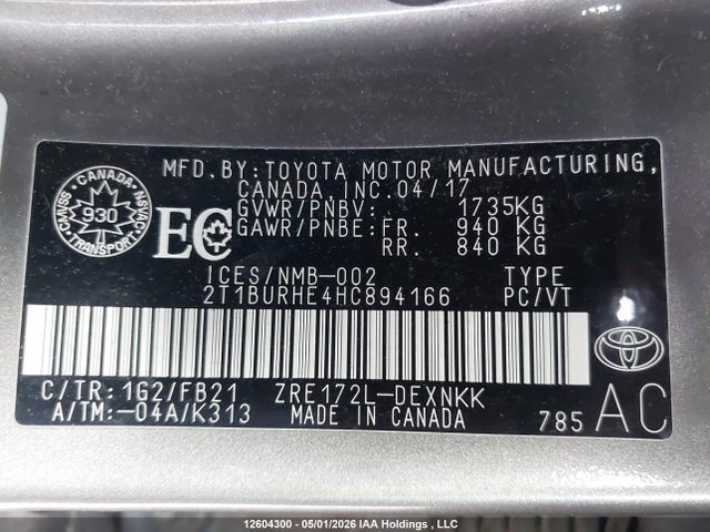2T1BURHE4HC894166 Toyota COROLLA LE