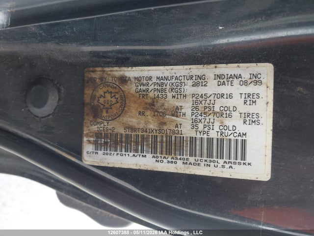 Aukcja sprzedaży 2000 Toyota Tundra Access Cab/access Cab Sr5, vin: 5TBRT341XYS017831, numer aukcji: 12607388