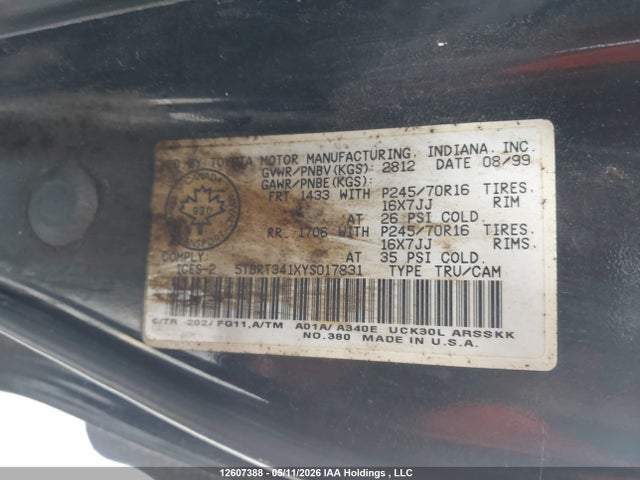 Aukcja sprzedaży 2000 Toyota Tundra Access Cab/access Cab Sr5, vin: 5TBRT341XYS017831, numer aukcji: 12607388