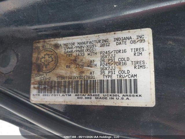Aukcja sprzedaży 2000 Toyota Tundra Access Cab/access Cab Sr5, vin: 5TBRT341XYS017831, numer aukcji: 12607388