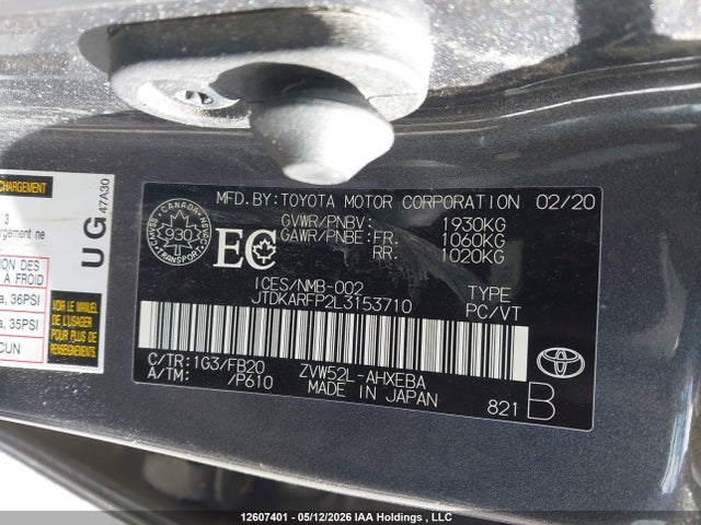 Aukcja sprzedaży 2020 Toyota Prius Prime, vin: JTDKARFP2L3153710, numer aukcji: 12607401