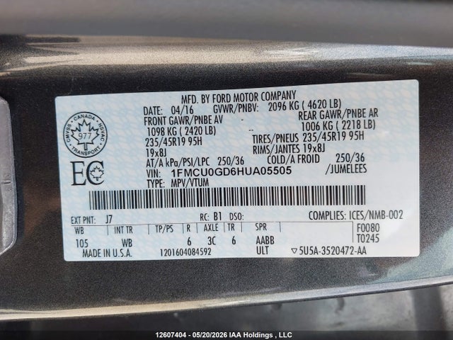 1FMCU0GD6HUA05505 Ford ESCAPE SE