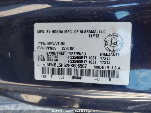 Aukcja sprzedaży 2014 Honda Odyssey Exl, vin: 5FNRL5H62EB506507, numer aukcji: 12420874
