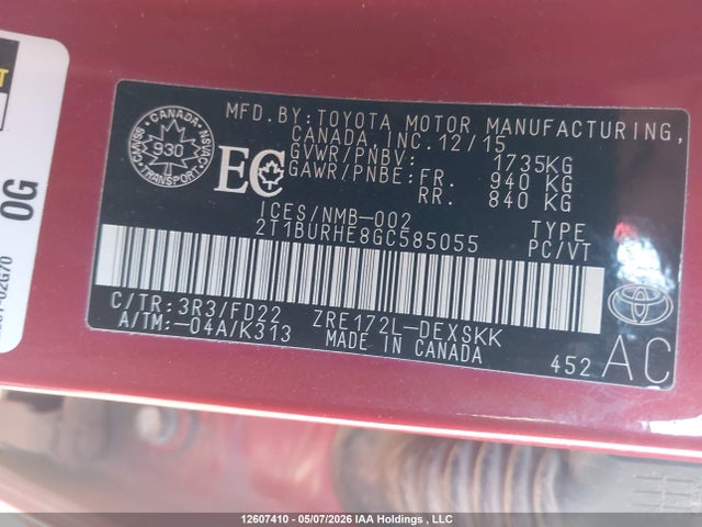 12607410 :رقم المزاد ، 2T1BURHE8GC585055 vin ، 2016 Toyota Corolla مزاد بيع